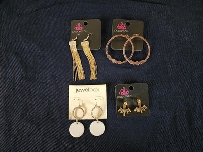 Lot of 4 Pairs NEW Earrings Paparazzi Jewelbox Hoops Tassel Dangle Gold Tone